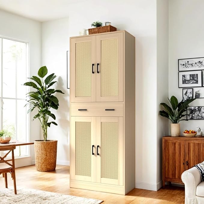71" Tall Oak & Rattan Pantry Cabinet - Boho Chic Kitchen Storage with Doors & Drawer for Dining Room, Hallway or Kitchen Organization-Ruum Studio Home