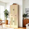 71" Tall Oak & Rattan Pantry Cabinet - Boho Chic Kitchen Storage with Doors & Drawer for Dining Room, Hallway or Kitchen Organization-Ruum Studio Home