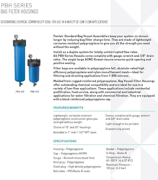 Pentair Pentek 150360 PBH Big Blue Bag Filter Housing, 1" NPT #10 Bag Vessel Assembly with Gauge, Wrench and Drain Valve, 10-Inch, Black/Blue-Ruum Studio Home