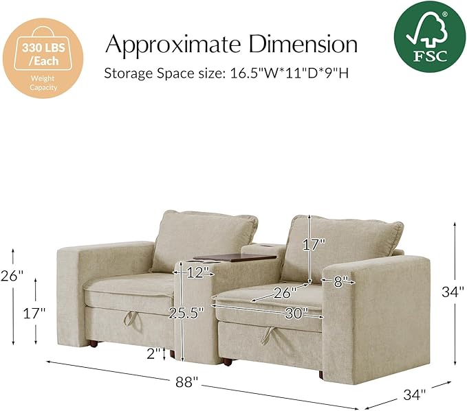 HULALA HOME 88" Loveseat Sofa with USB Port and Console, Oversized 2 Seater Sofa with Storage Ottoman, Comfy Upholstered Loveseat Couch for Living Room Bedroom, FSC Certified, Beige-Ruum Studio Home