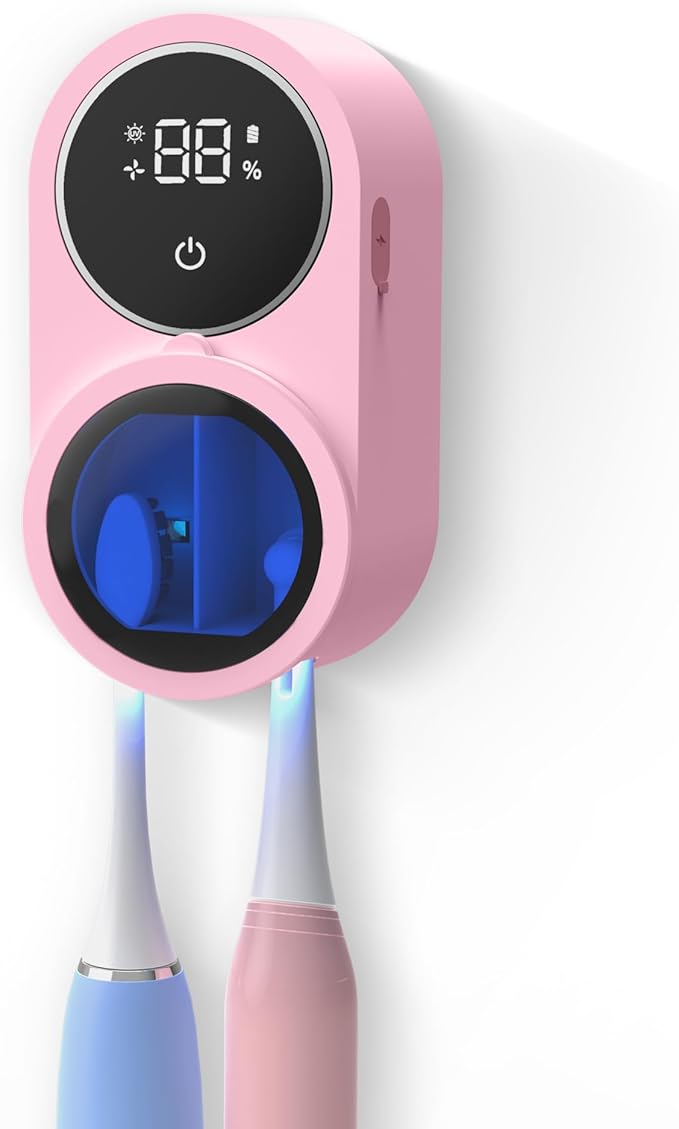 Toothbrush Holder and Cleaner for Bathroom Light Cleaning Fan Drying Round in Circle Automatic Rotating Cover Wall Mounted Smart Home Gadgets (03 Pink)-Ruum Studio Home