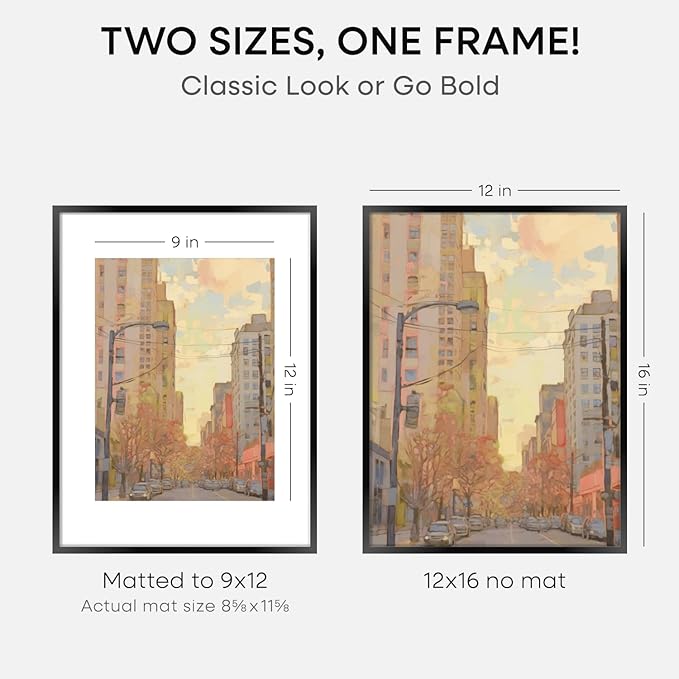 Homeforia 12x16 Picture Frame Black, High End Metal 12x16 Poster Frames with Mat 9x12 for Photo, 12 x 16 Black Frame Matted to 9 by 12 inch Print, 16x12 Thin Frames, Tempered Glass, Wall Kit, Set of 1-Ruum Studio Home