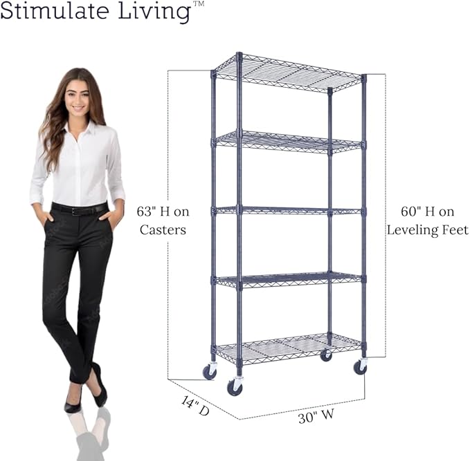 30"x14"x60" PRIME HEAVY DUTY Black 5-Tier Wire Shelving 1,750 LBS MAX Capacity Storage Rack for Commercial, School, Home, Garage, Warehouse, Industrial, and Hospital Uses (with Wheels)-Ruum Studio Home