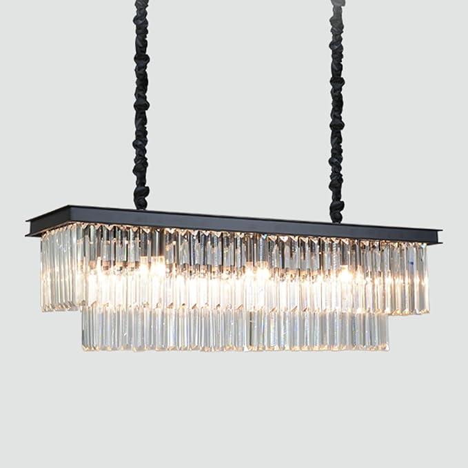 12-Lights Modern Rectangular Crystal Chandeliers Rectangle Contemporary Linear Pendant Ceiling Light Fixture for Kitchen Island Dining Room Bar, Black 47 Inch-Ruum Studio Home