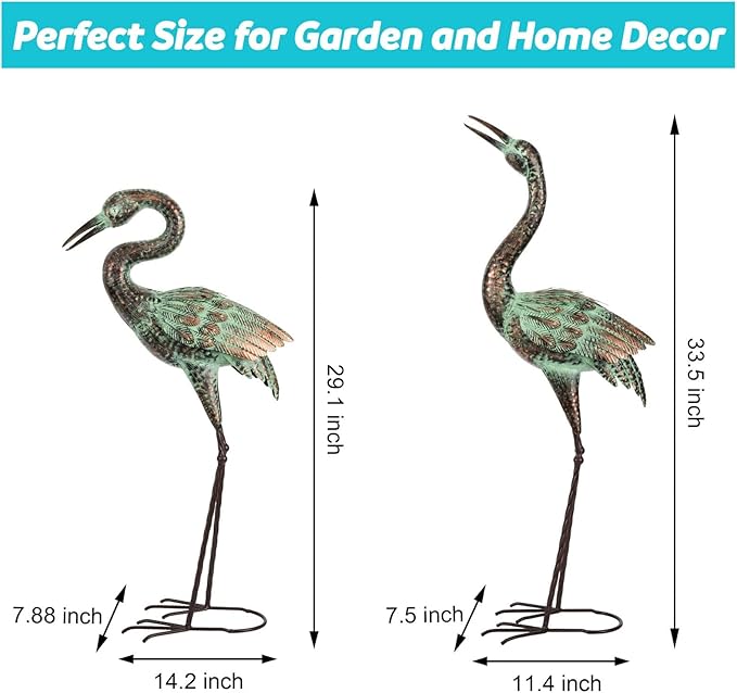 Shorayn Garden Crane Statues, Blue Heron Sculptures for Outdoor, Cranes Decor Metal Bird, Patina Garden Art Lawn Ornaments for Yard Patio Porch Outside Decorations-Ruum Studio Home