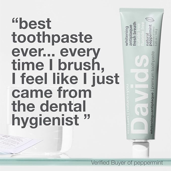 Davids Fluoride Free Toothpaste, Teeth Whitening, Antiplaque, SLS (Sulfate) Free, Promotes Enamel Health, Mouth & Gum Detox, EWG Verified, Peppermint, 5.25oz-Ruum Studio Home