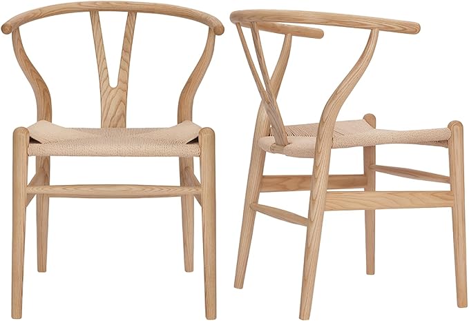 Tomile Solid Wood Wishbone Chair Y Chair Mid-Century Armrest Dining Chair, Hemp Seat (Ash Wood - Natural Wood Color)-Ruum Studio Home