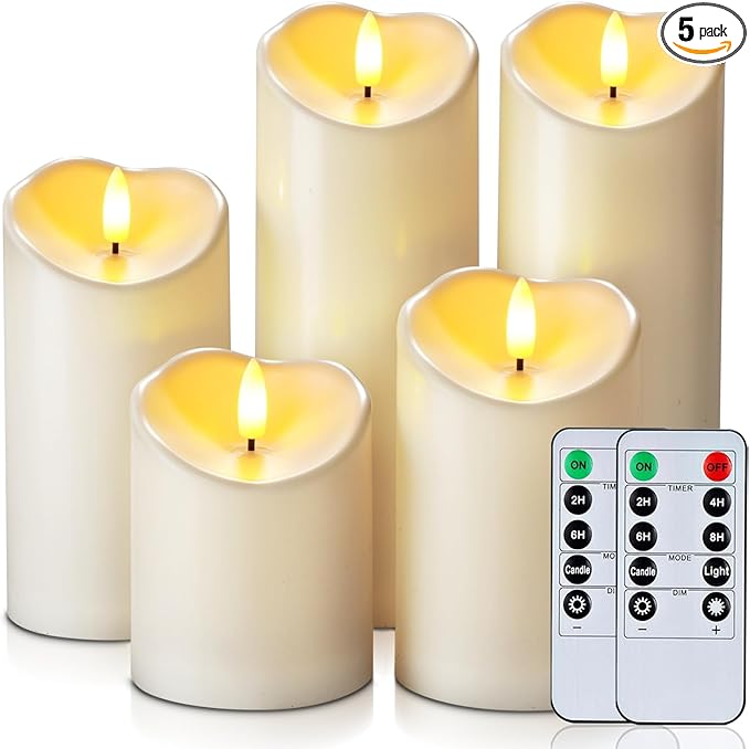 Homemory Outdoor Waterproof Flameless Candles, LED Candles, Battery Operated Candles with Remote and Timers, Electric Fake Plastic Pillar Candles, Ivory White, D3 H4 5" 6" 8" 8", Set of 5-Ruum Studio Home