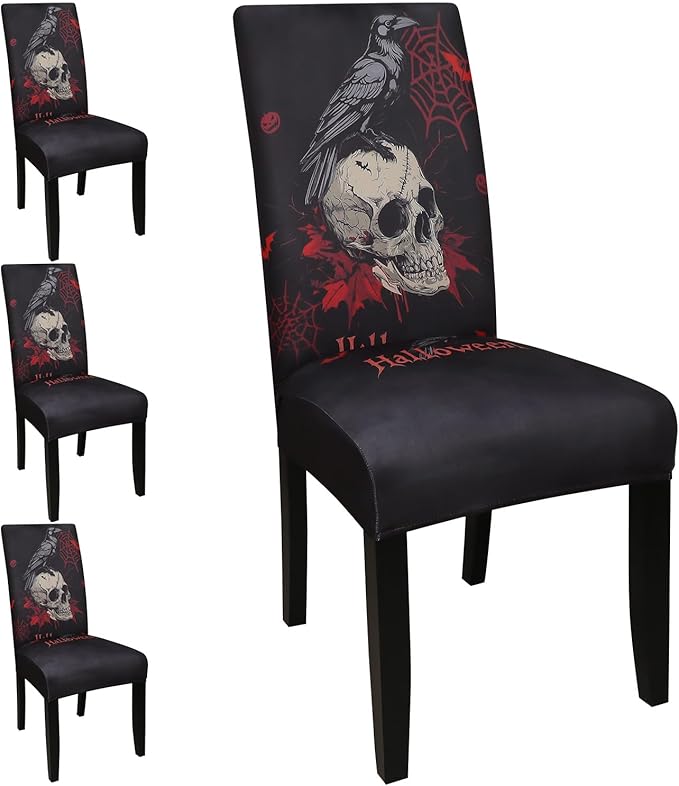 JQinHome Black Halloween Chair Slipcover,Skull Chair Covers Set of 4, High Stretch Washable Chair Protector Cover for Dining Room, Kitchen,Home Party,Wedding Ceremony(Skull Black,4PC)-Ruum Studio Home
