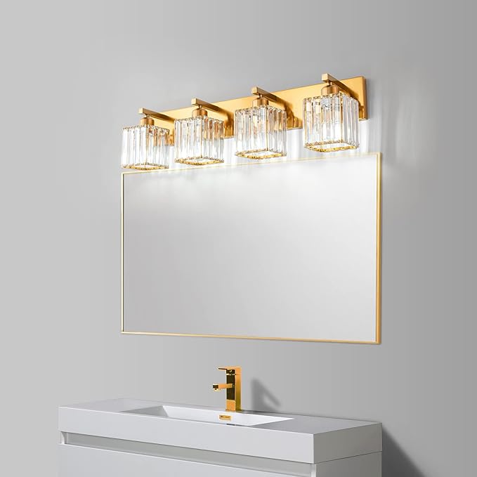 Modern Vanity Light 4-Lights Modern Gold Brushed Brass Finish Crystal Wall Light Bathroom Vanity Light Fixtures-Ruum Studio Home