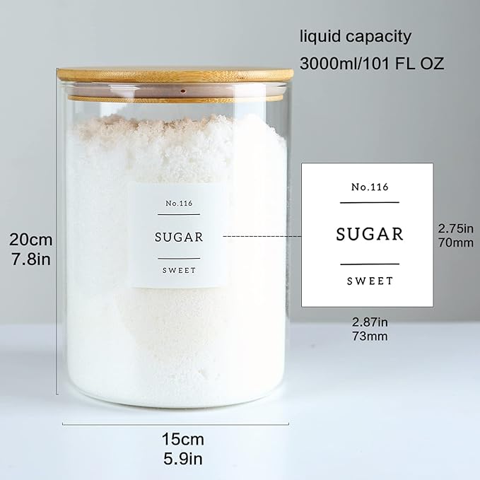 Large Glass Flour and Sugar Containers Jars with Bamboo Airtight Lid - 100 Fl Oz (3000ml) with Kitchen 42 Pantry Labels for Dry Food, Flour, Pasta, Cereal-Ruum Studio Home