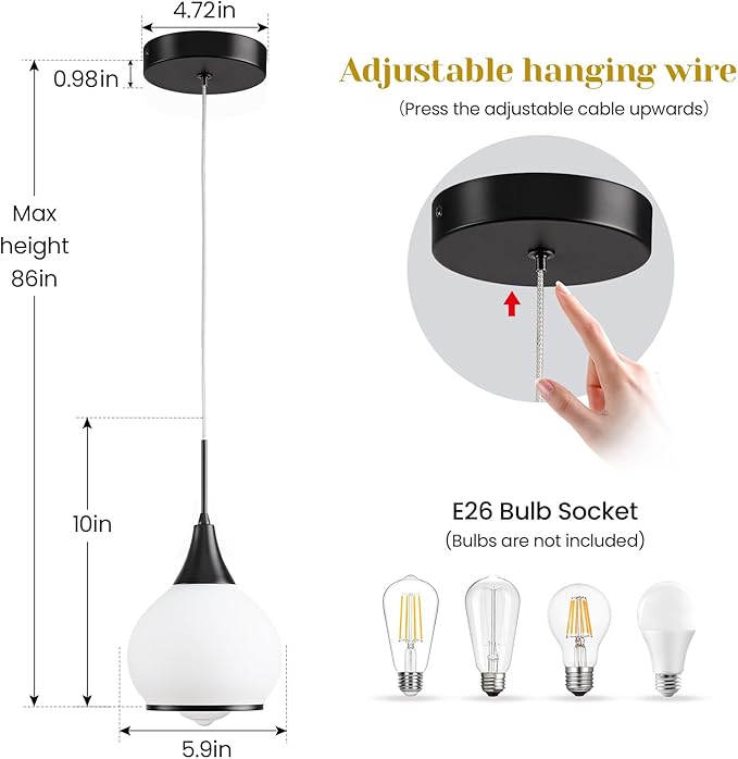 Pendant Light Fixtures Kitchen: Matte Black Farmhouse Island Light with Clear Glass - 6 Inch Mid Century Globe Kitchen Lighting Chandeliers Ceiling for Dining Room-Ruum Studio Home