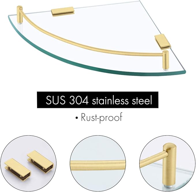 KES Glass Corner Shelf Bathroom Shelf Tempered Glass with Rail SUS 304 Stainless Steel Floating Wall Mount Bracket Brushed Gold, BGS2101A-BZ-Ruum Studio Home