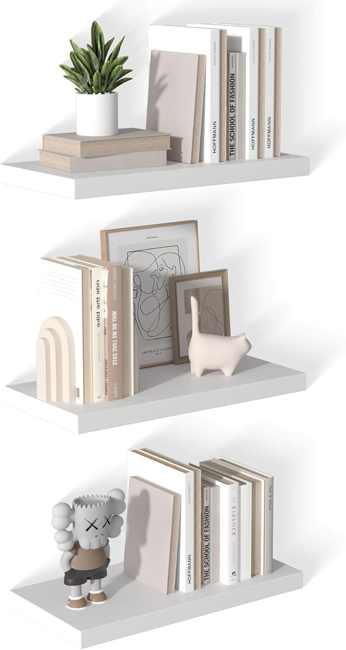 12 Inch Deep Floating Shelves for Wall 3 Pack White Floating Shelves Large Storage Space Wall Mount Shelf for Living Room Kitchen Bathroom 24" W x 12" D x 1.2" H White-Ruum Studio Home