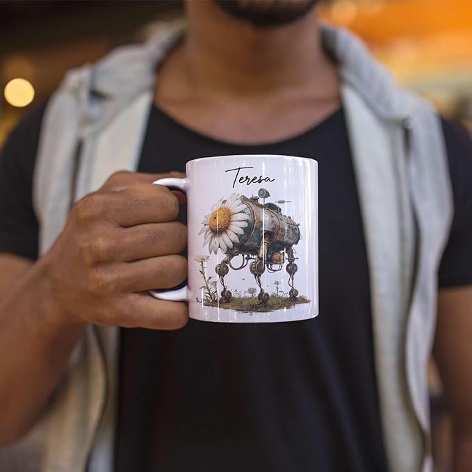 Customized Robotic Daisy Coffee Mug 11oz Or 15oz, Personalized Name On Mechanical Flower Mug, Novelty Ceramic Cup Gift For Tech Enthusiasts, Custom Nature Inspired White Mug-Ruum Studio Home