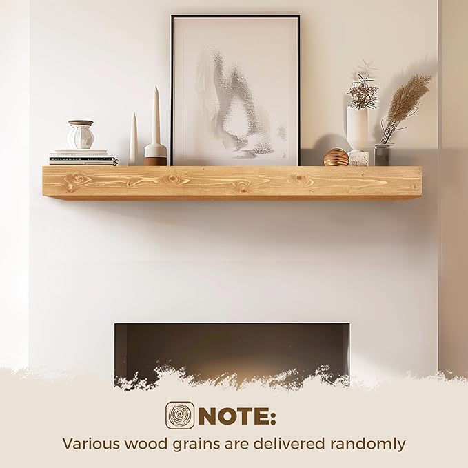 48x8x5 Fireplace Mantel - Handcrafted Rustic Solid Wood Wall Mounted Floating Shelf with Invisible Heavy Duty Wood Bracket (Natural)-Ruum Studio Home