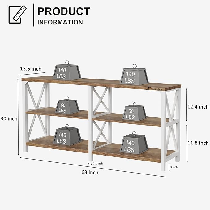 LVB Industrial Entryway Table, Farmhouse Rustic Console Table Behind Couch, Long Metal Sofa Table with Storage Shelf, Modern Hallway Table for Living Room Bedroom,White and Rustic Oak,63 inch-Ruum Studio Home