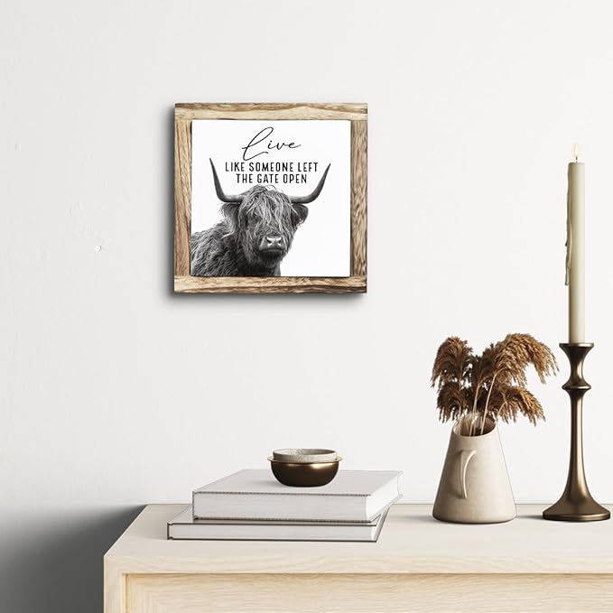 Funny Wood Sign, Cow Decor, Wooden Plaques Sign Table Decoration, Farmhouse Decorate for Shelf, Country Style Home Decor, Inspirational Decorate Signs, Live Like Someone Left the Gate Open Signs-Ruum Studio Home