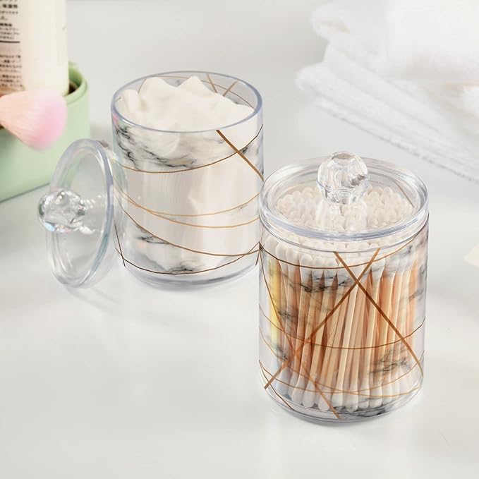 2 Pack Qtip Holder Dispenser White Marble Gold Line Bathroom Storage Canister Lid Acrylic Plastic Apothecary Jar Set Vanity Makeup Organizer for Cotton Swabs/Pads/Floss-Ruum Studio Home