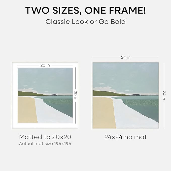 Homeforia 24x24 White Picture Frame, High End Oak 24 x 24 Square Wood Frames with Mat 20 by 20 inches Photo, 24by24 White Wooden Poster Frames Matted to 20x20 Print, Tempered Glass, Wall Kit, Set of 1-Ruum Studio Home