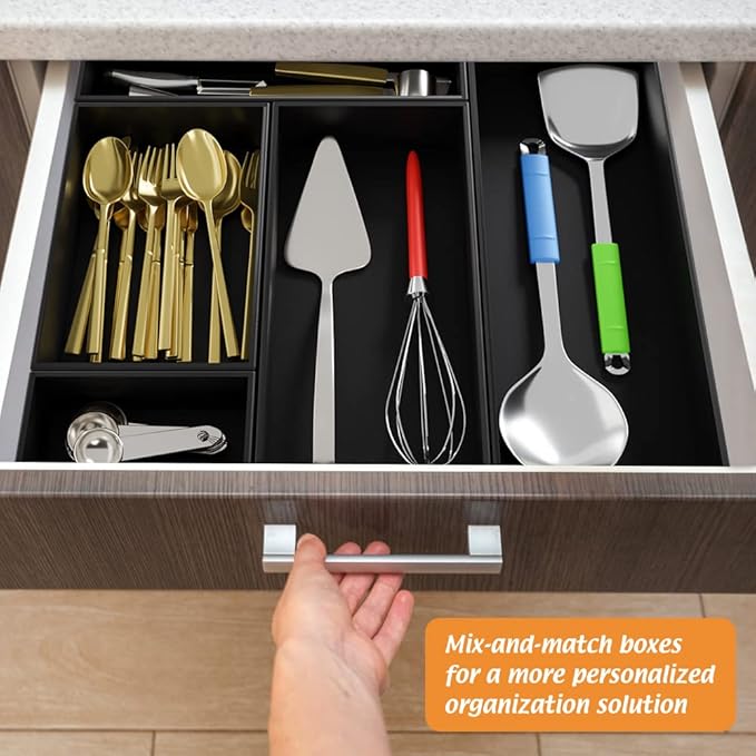 Black Bamboo Drawer Organizer - Silverware&Utensil Holder Organizer for Kitchen Drawers, Multi-Use Drawer Dividers Boxes for Bathroom Counter，Cabinet, Garage, Office Desk, Makeup, Jewelry (12*6*2.5)-Ruum Studio Home