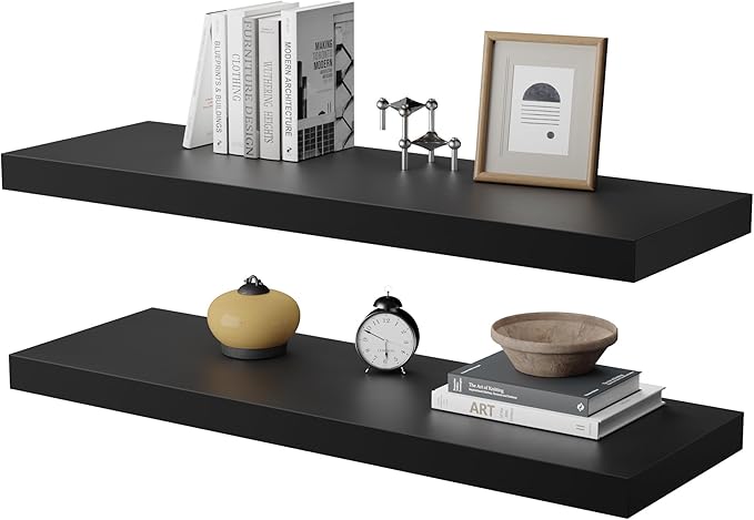 Large Floating Shelves for Wall Set of 2 Wooden Wall Shelves 30 in x 12.75 in x 2 inRoom Decor Long Shelf with Invisible Wall Mount Bracket for Bedroom Kitchen Living Room Black-Ruum Studio Home