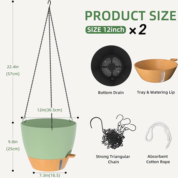 ZMTECH 12 Inch Hanging Planters for Indoor Outdoor Plants, 2 Pack Self Watering Hanging Plant Pots with Drainage Hole, Visual Reservoir, Plastic Flower Hanging Pots with Watering Lip (Green)-Ruum Studio Home