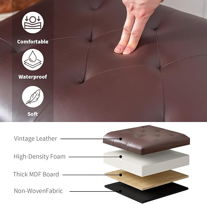 Joveco Leather Storage Ottoman Bench Rectangle 24 Inch Foot Rest Ottomans Stool for Living Room Bedroom(Brown)-Ruum Studio Home