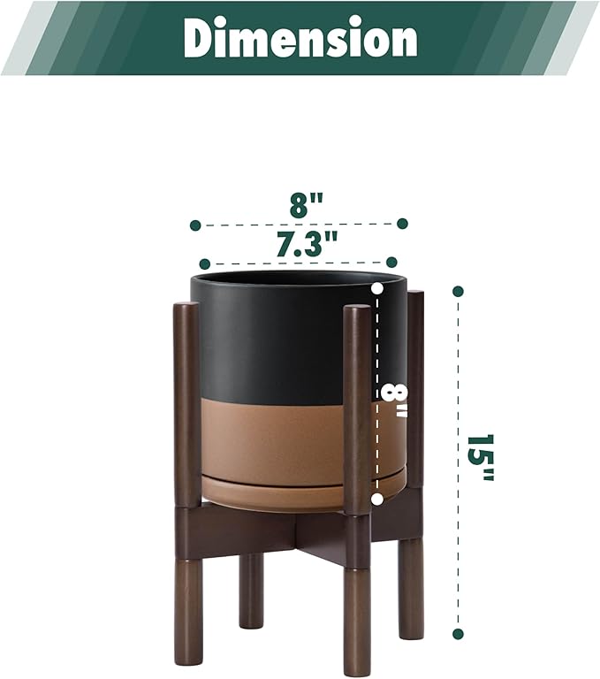 D'vine Dev Ceramic Planter with Walnut Color Stand - 8 Inch Modern Round Flower Pot with Wood Planter Holder, Black/Speckled Tan, 55-B-Y-7-Ruum Studio Home