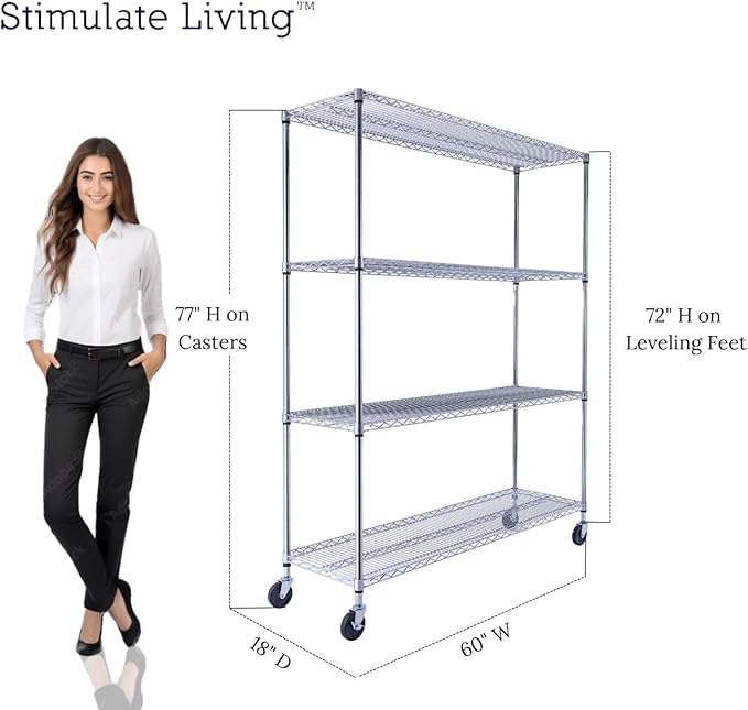 60"x18"x72" Prime Heavy Duty Chrome 4-Tier Wire Shelving NSF 3200 LBS MAX Capacity Storage Rack for Commercial, Hospital, School, Garage, and Kitchen Uses (with Wheels)-Ruum Studio Home