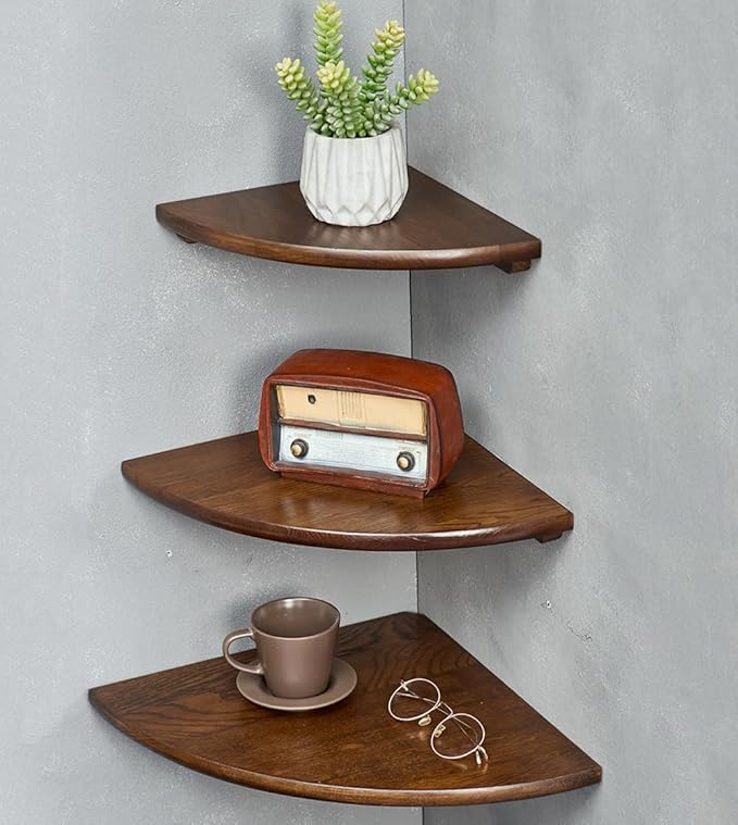 Corner Shelves, Floating Corner Shelf, Set of 3 Solid Oak Wood Corner Wall Shelves, Round End with Wire Hole Shelving for Small Plant for Bedroom Kitchen, Living Room (Size 9/10/12in)-Ruum Studio Home