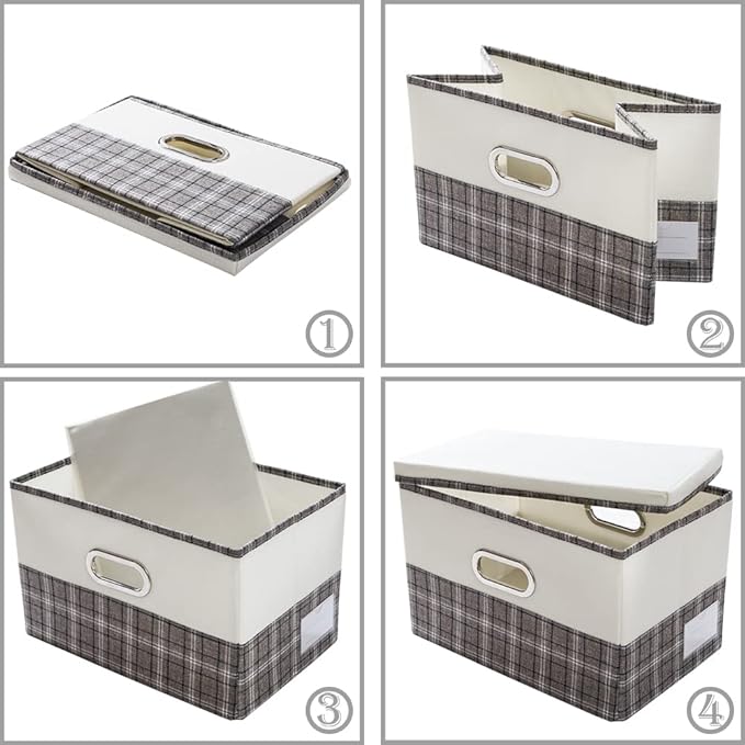 PRANDOM Large Collapsible Storage Bins with Lids [3-Pack] Fabric Foldable Storage Boxes Organizer Containers Baskets Cube with Cover for Home Bedroom Closet Office Gray plaid & Cream(17.7x11.8x11.8)-Ruum Studio Home