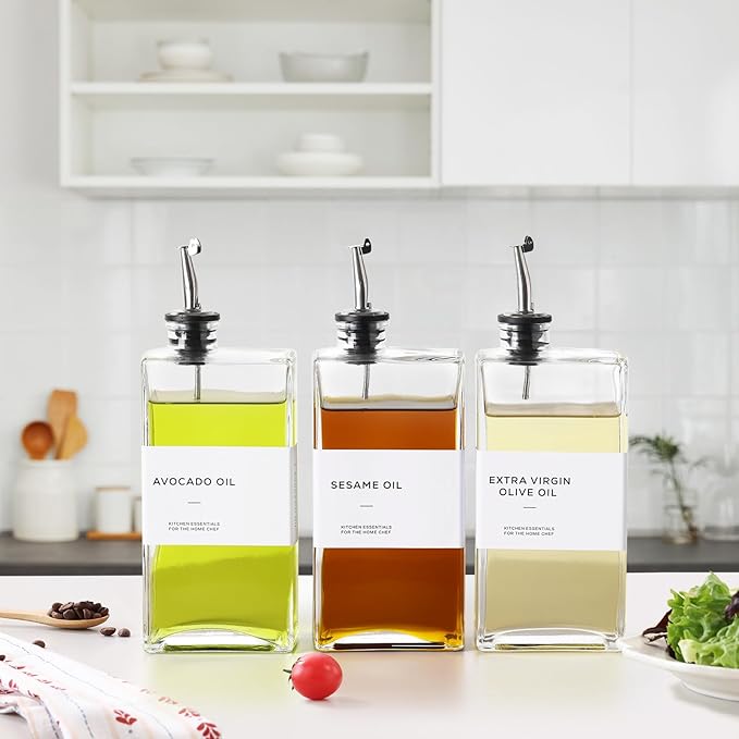 Olive Oil Dispenser Bottle for Kitchen, 3 Pack Glass Oil and Vinegar Dispenser Set, Elegant Book Design, Durable, Leak-Proof, Easy-Pour Spouts, Perfect for Kitchen, Dining Table (17oz)-Ruum Studio Home
