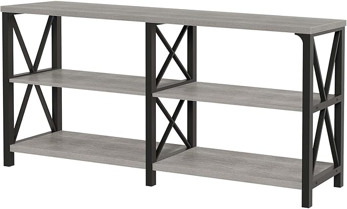 LVB Industrial Entryway Table, Farmhouse Rustic Console Table Behind Couch, Long Metal Wooden Sofa Table with Storage Shelf, Modern Foyer Hallway for Living Room Bedroom, Light Grey Oak, 63 in-Ruum Studio Home