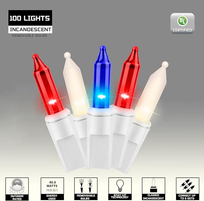 100LIGHTS RED White and Blue Extra-Bright with End Connectors 4th July Decoration Patriotic Mini String Lights 5.98m UL Certified Waterproof for Home Garden Holiday Tree Party Patio-Ruum Studio Home