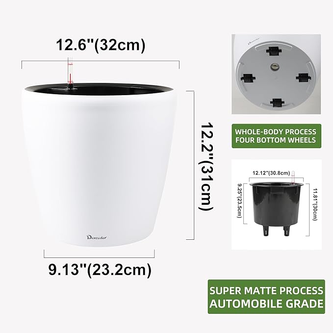 Dexceder 13x12 Self Watering Planter with Wheels Indoor Outdoor, Inner Pot Design, Thickened Large Floor Standing Flower Plant Pot with Water Level Indicator (White Matte)-Ruum Studio Home