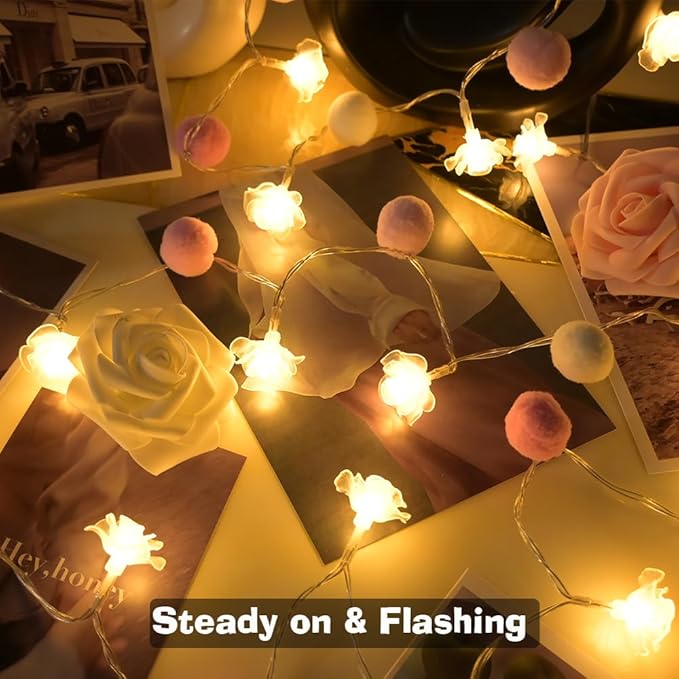 9.85Ft String Lights 20 Cute Pink Pompoms 20 LEDs Rose Fairy Lights Garland Battey Operated with Timer Flower Lights for Bedroom Kids Room Party Birthday Wedding Valentines Decorations-Ruum Studio Home