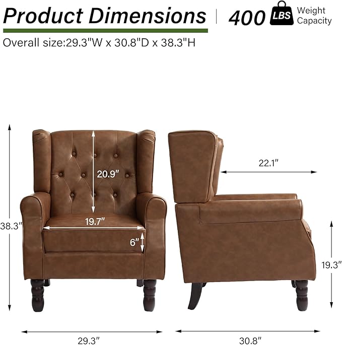 Accent Chair, Upholstered Armchair with Button Tufted High Back & Solid Wood Legs, Comfy Wingback Reading Single Sofa Chair for Small Spaces, Living Room, Bedroom (Leather Brown, Set of 2)-Ruum Studio Home