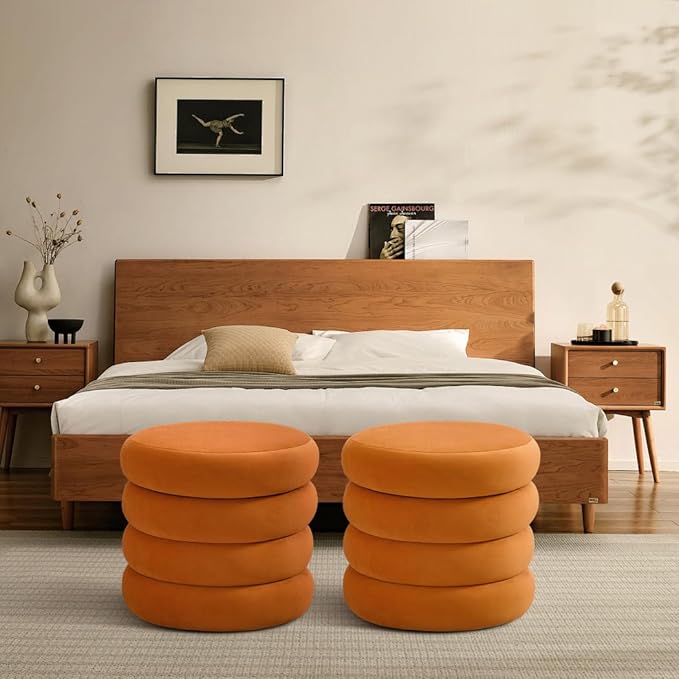 ONEVOG Round Storage Ottoman, 20" Small Ottomans Table with Removable Lid, Velvet Fabric Soft Footrest Stools for Couch, Upholstered Stuffed Circle Seat for Living Room/Bedroom/Dorm/Vanity, Orange-Ruum Studio Home