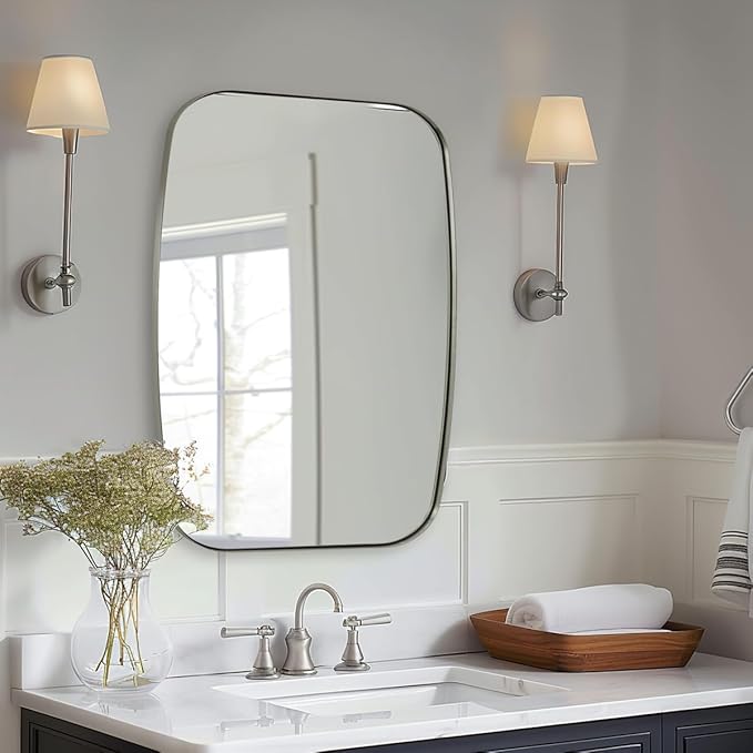 ANDY STAR Brushed Nickel Mirror, 28x36 Inch Stainless Steel Metal Frame Oblong Bathroom Mirror for Vanity, 1’’ Deep Wall Mounted Vertically/Horizontal-Ruum Studio Home