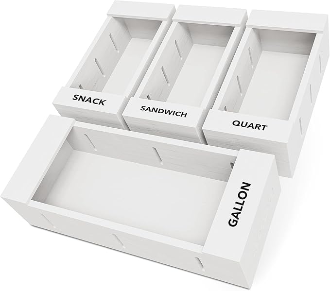 SpaceAid Bag Storage Organizer for Kitchen Drawer, Bamboo Organizer, Compatible with Gallon, Quart, Sandwich and Snack Variety Size Bag (4 Pack), White-Ruum Studio Home