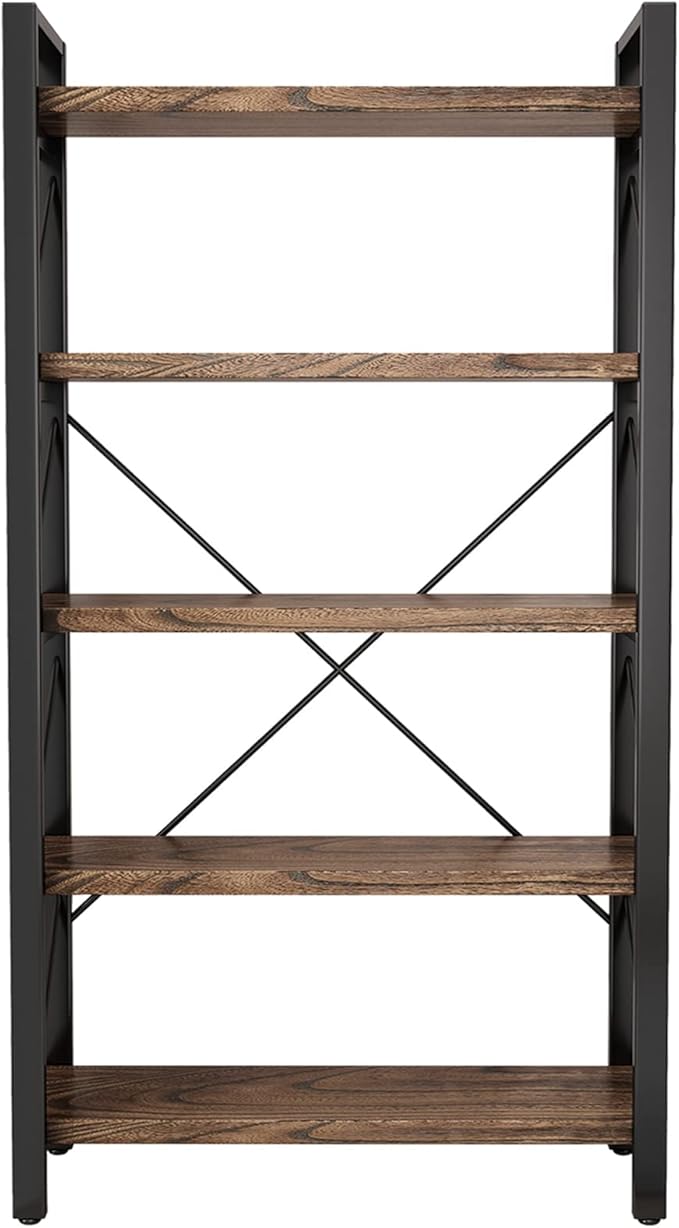 5 Tier Bookshelf Rustic Solid Wood Industrial Style Bookcase,Metal and Real Wood Vintage Bookshelf,Book Shelves Home Office, Retro Brown,Dark Matching credenza(LZ01-05tier) (5Tiers)-Ruum Studio Home