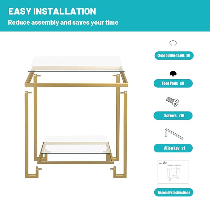 2 Tier Rectangular Side Table, Gold End Table with Glass Top, Modern Metal Clear Coffee Table，Small Accent Table for Living Room, Bedroom, 22" x 12.4" x 24"-Ruum Studio Home