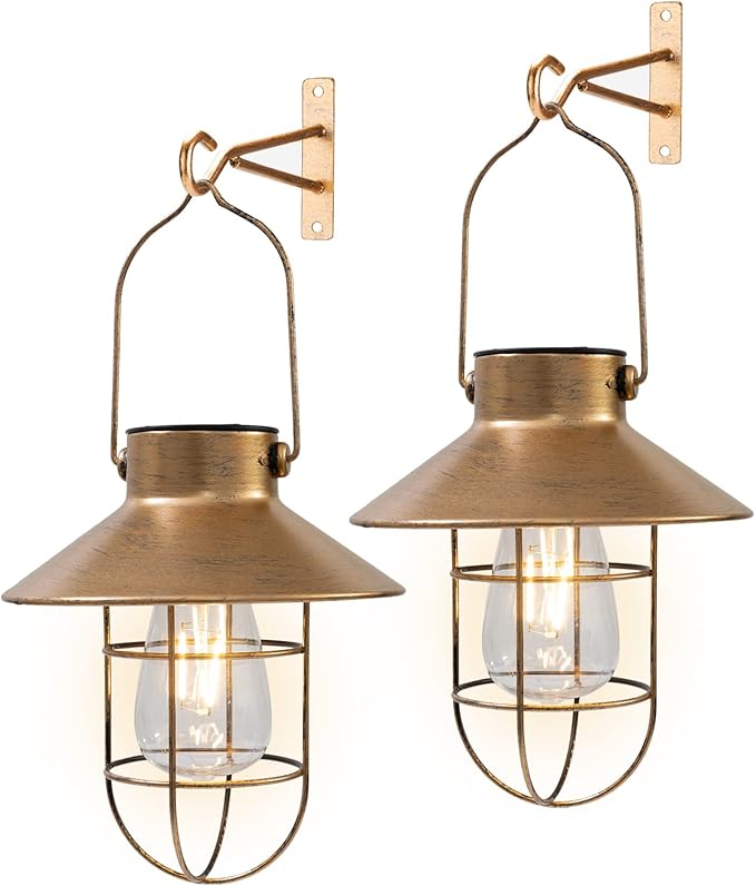 pearlstar Solar Lanterns Outdoor Metal Solar Powered Hanging Lights Waterproof for Barn Wall Yard Garden Patio Garage Balcony Porch Fence Decor, Warm White Edison Bulb (Copper-2pack)-Ruum Studio Home