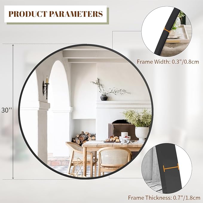 BEAUTYPEAK 30 Inch Round Mirror, Metal Frame Circle Mirror, Wall Mounted for Entryway, Bathroom, Vanity, Living Room, Black-Ruum Studio Home