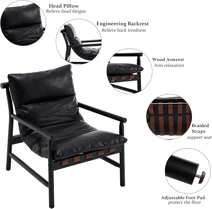 Kmax Modern Sling Accent Chairs Set of 2 Upholstered PU Leather Living Room Chairs Solid Wood Frame Arm Chairs Comfy Lounge Chairsfor Bedroom, Reading Room, Black-Ruum Studio Home