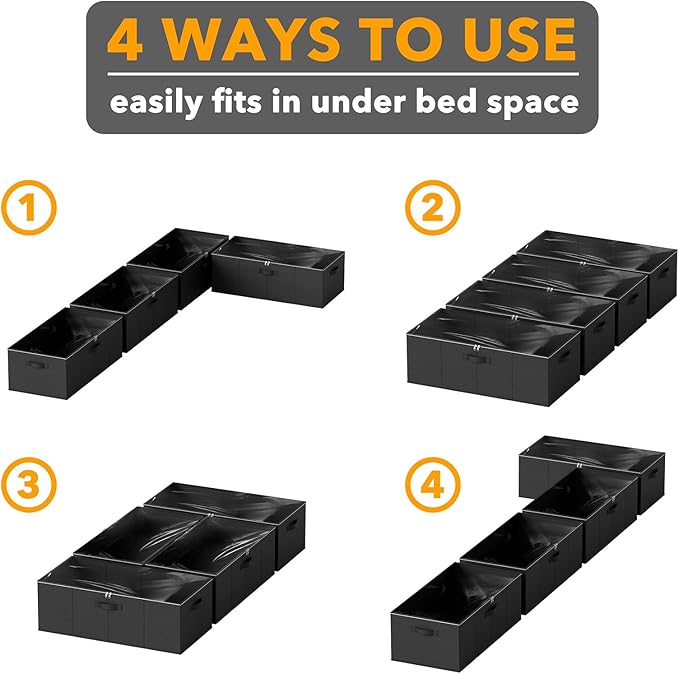SpaceAid 4 Pack 10" High Under Bed Storage Containers, Large Underbed Storage Organizer Bins with Lids for Bedroom, Dorm, Clothes, Closet Organization, Bed Sheets and Blankets (Black)-Ruum Studio Home