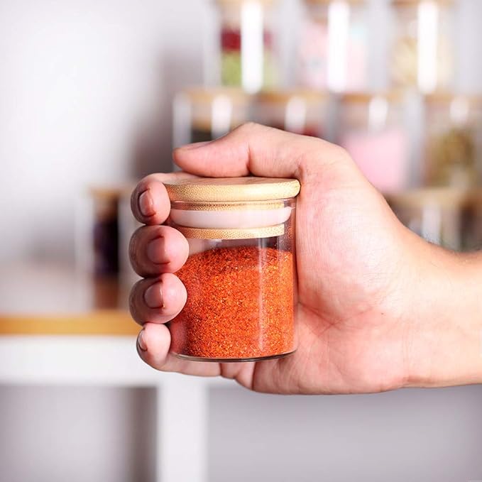 Spice Jar Set,2.5oz 20 Piece Glass Jar with Bamboo Airtight Lids and Labels, Mini Clear Food Storage Containers for pantry, kitchen canisters for Tea, Herbs, Sugar, Salt, Coffee-Ruum Studio Home