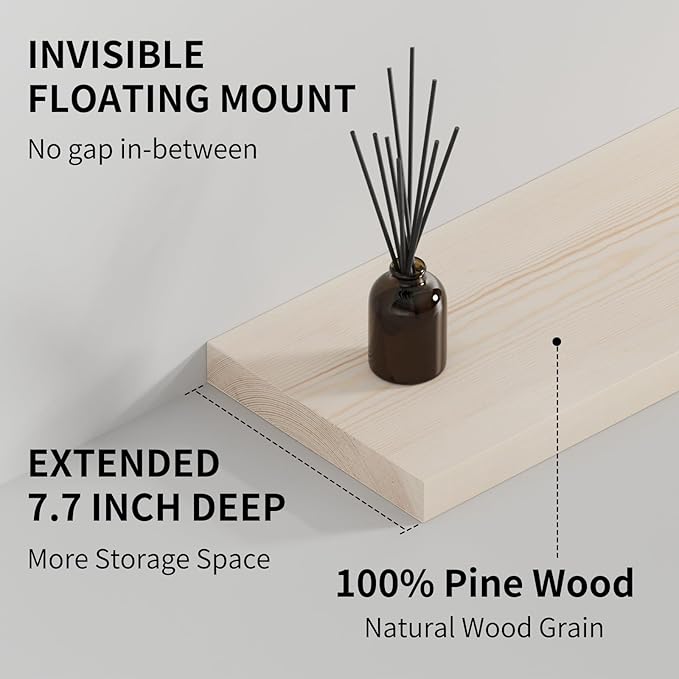 SAUMONIERES Floating Shelves 8 Inch Deep Solid Wood Wide Wall Shelf Set of 1 Wall Mounted for Bedroom Bathroom Living Room Kitchen, 55 Inch Natural-Ruum Studio Home
