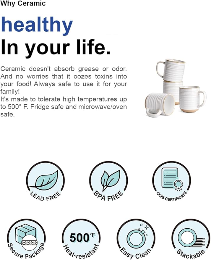 LE TAUCI Coffee Mugs 15 oz,Ceramic Mug Set, Coffee Cups for Latte, Hot Tea, Cappuccino, Mocha, Cocoa, Dishwasher Safe, Suit For Housewarming Wedding- 3.5 inch, Set of 4, Arctic White-Ruum Studio Home